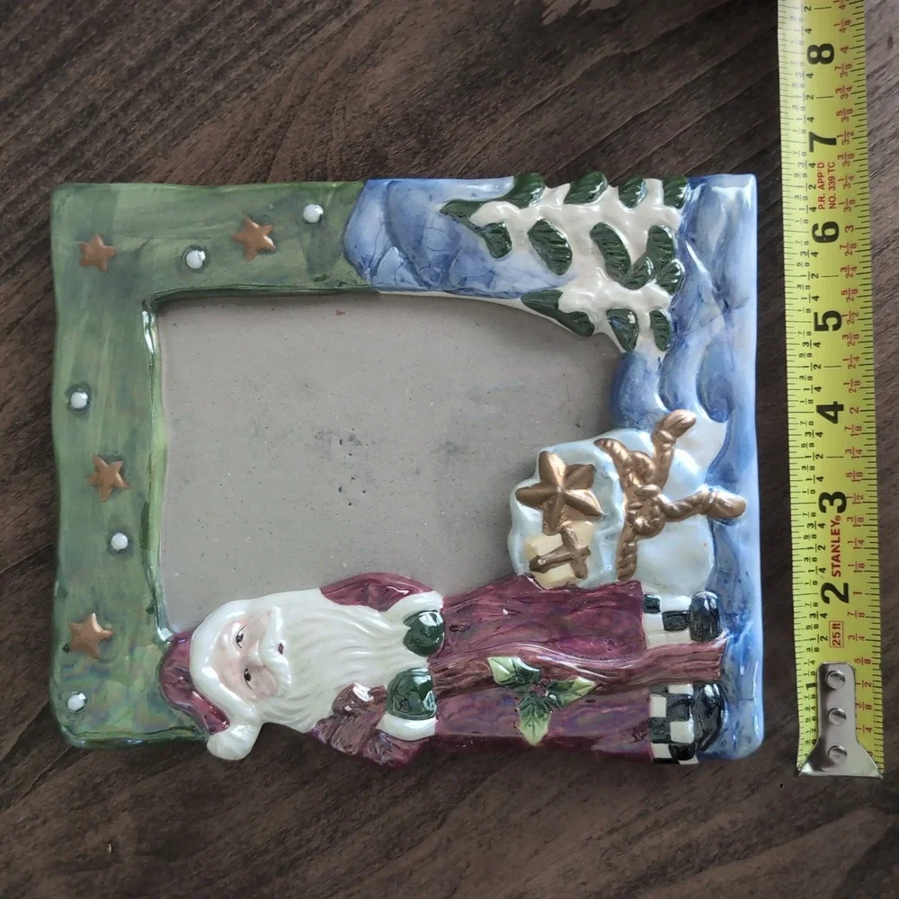 Vintage Hand Painted‎ Ceramic Santa Picture Frame Christmas Glossy Holiday Decor